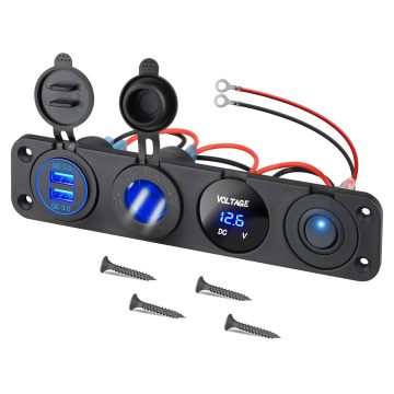 Panel soket charger 4-in-1 on/off dengan PD Tipe C dan QC 3.0 USB Port &amp; LED Voltmeter