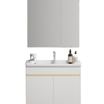 Nordic White Solid Wood Bathroom Cabinet with Rectangular Ceramic Basin for Small Apartments