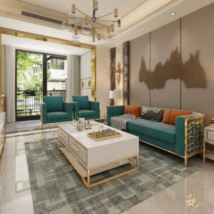 Light luxury velvet gold metal base sofa set