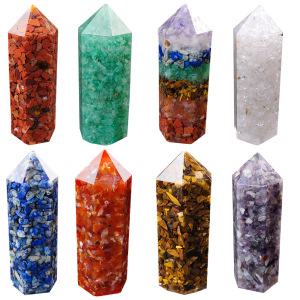 Cristal natural siete chakra aogen energy gran columna hexagonal adorno rueda de siete colores columna de una sola punta multicolor