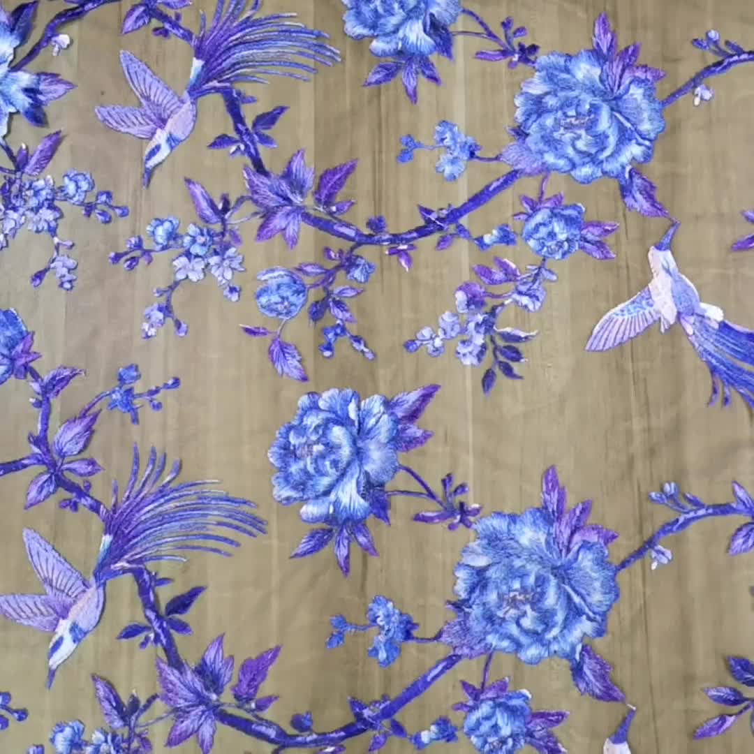 Tissu de dentelle de tulle de broderie de fleurs d&#39;oiseaux imprimés