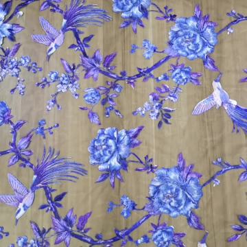 Printed Birds Flowers Embroidery Tulle Lace Fabric