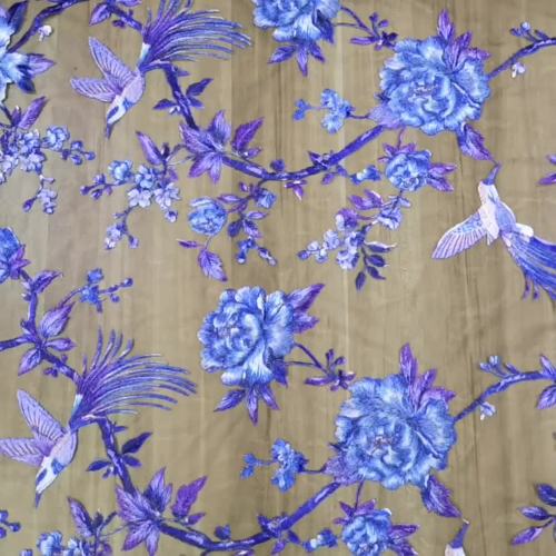 Flat Embroidery Fabric Printed Birds Flowers Embroidery Tulle Lace Fabric Supplier