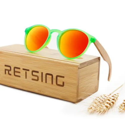Kids Wood Polarized Round Sunglasses with Mirror Lenses