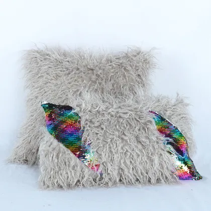 Sequins Plush Faux Fur Pillow Luxury Mermaid Pillow Cushion Modern Rectangle Fluffy Waist Pillow Case