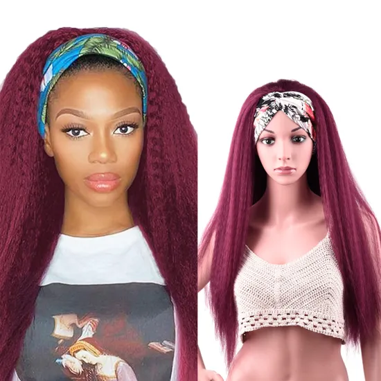 High Quality 24 Inch Red Kinky Straight Hair Headband Wig With Pre-attached Scarf Synthetic Yaki Straight Headband Wigs
