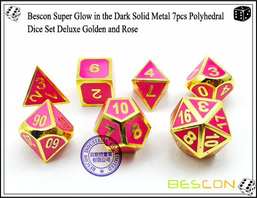 Bescon Super Glow in the Dark Solid Metal 7pcs Polyhedral Dice Set Deluxe Golden and Rose-6