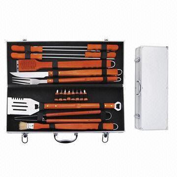 BBQ Tool Set, Made of Stainless Steel and Natural Wood