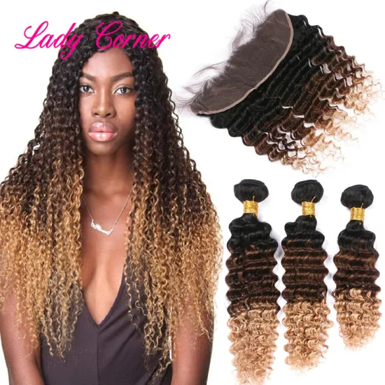 Summer style 1B/4/27 brazilian deep curly ombre hair weave, brazilian hairs cheap wholesale lace frontal closure