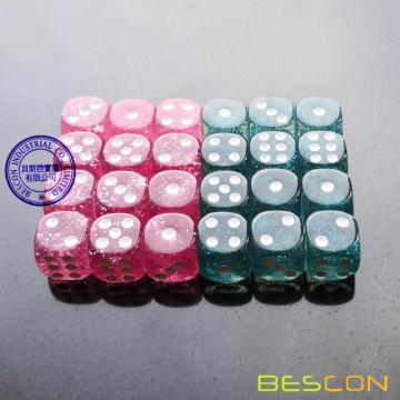 Bescon Ethereal Glitter 12 χιλιοστά 6 τεμαχίων παιχνιδιών ζάρια σετ 24 τεμαχίων σε βελούδινη κορδέλα, Ροζ και Τσάι (12 τεμαχίων από κάθε χρώμα)