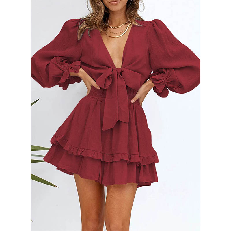 Womens Knot Front V Neck Ruffles Dress