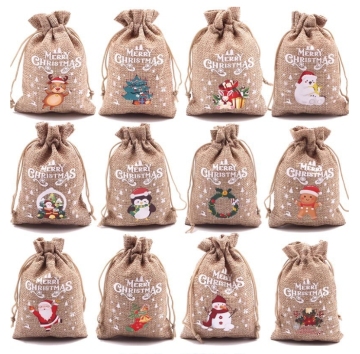 Christmas Linen Drawstring Bags