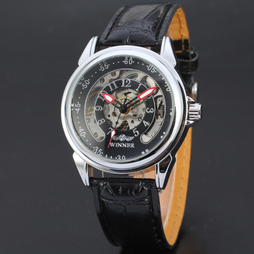 winner skeleton design men watch alloy case with leather band