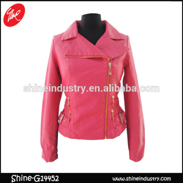 Zipper Rose Red casual womens fashion PU jacket
