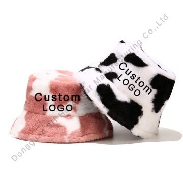 Custom Logo Cow Print Faux Fur Fisherman Winter Caps for Women