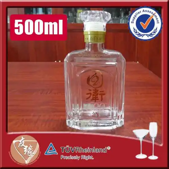 500ml flat square gold decaled spirit glass bottle