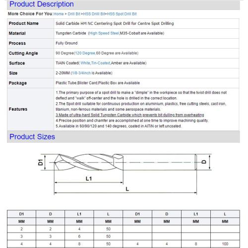 Solid Carbide Centering Spot Drill for Centre Spot