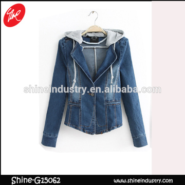 spring latest design 2015 hooded jean jacket women's denim coat