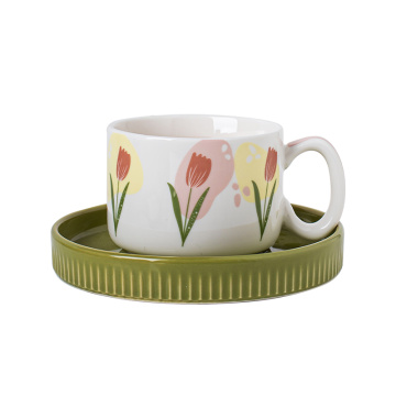 Tulips Latte Cup Ceramic Coffee Cup with Saucer Porcelain Tea Mug Set Stoneware Milk Mug