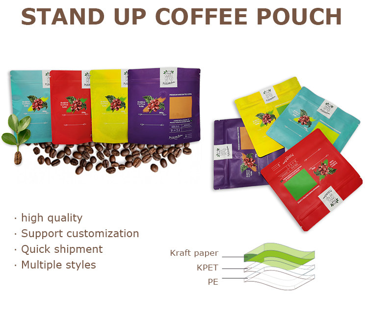 Compostable Custom Stand Up Coffee Packaging Kraft Paper Pouches Zipper Bag Customized Printing 