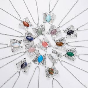 Vintage Gemstone Silver Alloy Butterfly Pendant Necklace for Women Gemstone Quartz Healing Crystal Girls Dating Jewelry