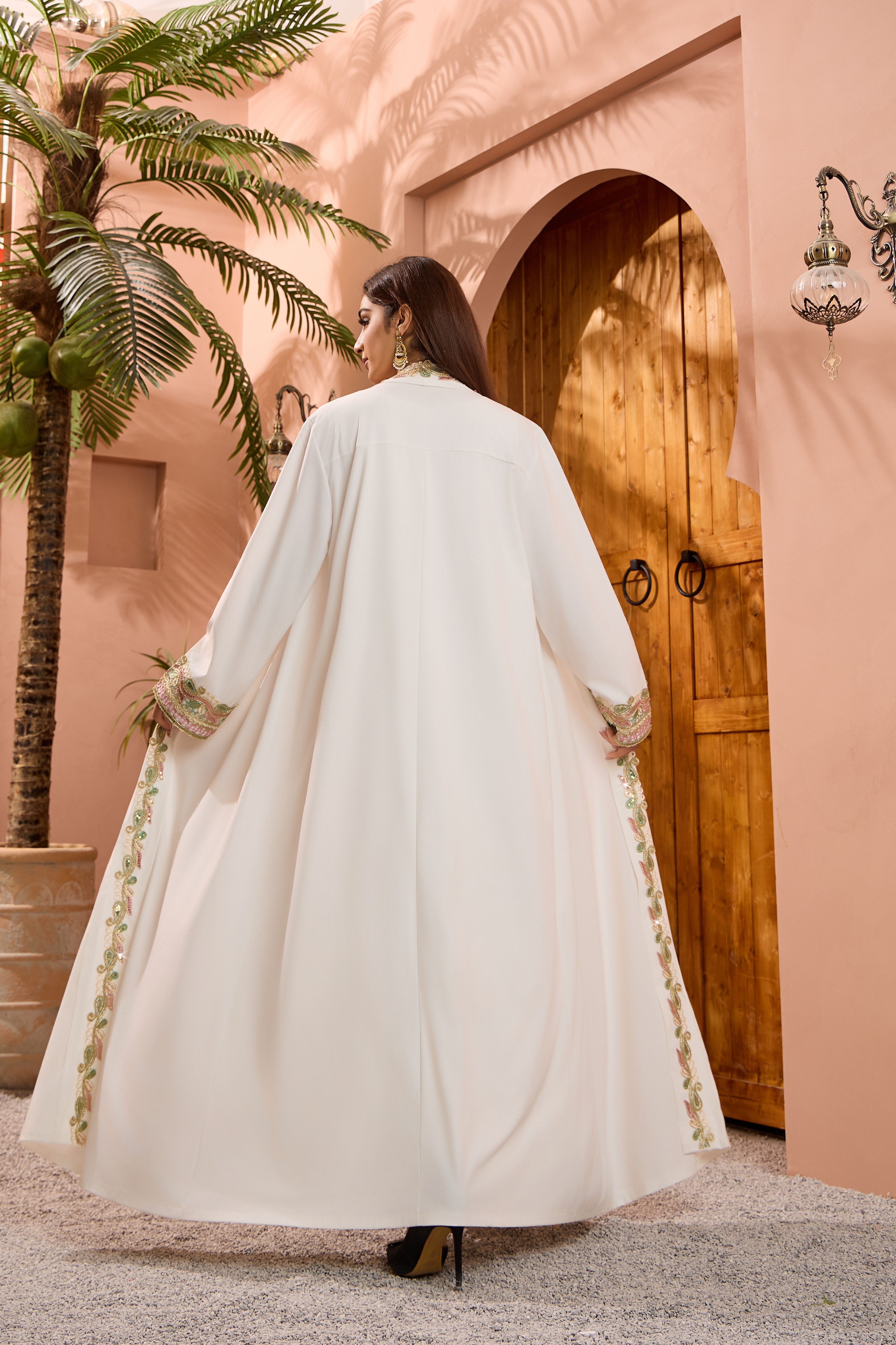 white floral trim belted open abaya model styling view 02
