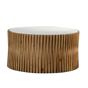 New Natural Wooden Coffee Table with White Timber Top and Solid Wood Round Design