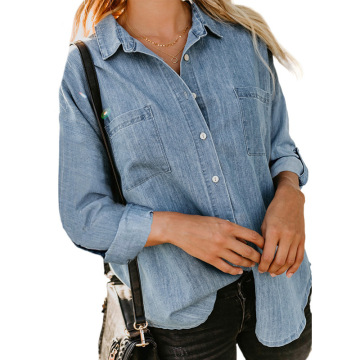 Spring Summer Women's Loose Denim Shirt with Double Pockets