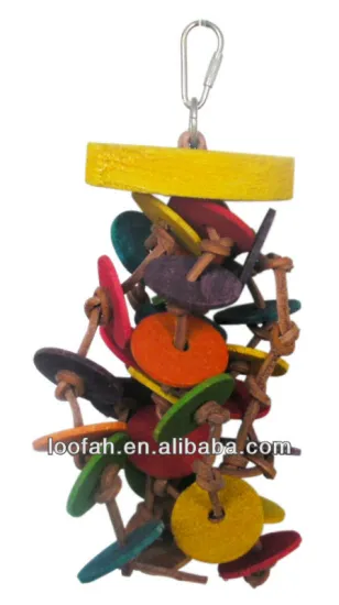 A wooden pet toy with loofah colourful slices