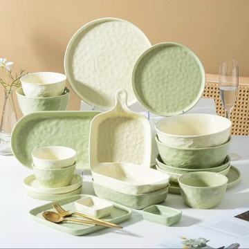 Elegant Asian-Inspired Dinnerware Set with Textured Green Finish