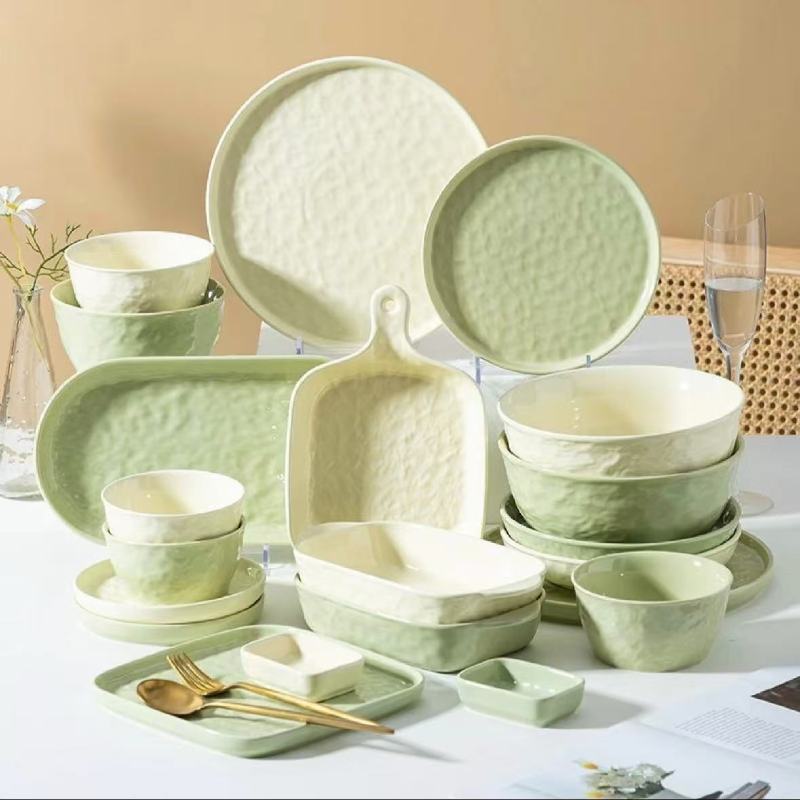 Elegant Asian-Inspired Dinnerware Set with Textured Green Finish