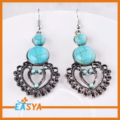 Classic Accessories Double Round Turquoise Stones Heart Earrings