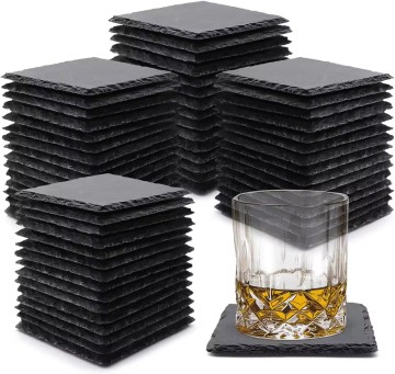 4 Inch Black Stone Coaster Set with Laser Engraving Blanks and Anti-Scratch Bottom