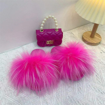 Kids Colorful Toddler Faux Fox Fur Slippers Slides