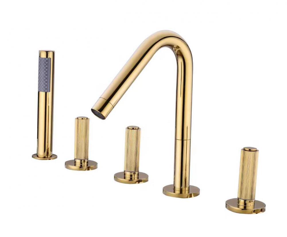 European Classic Deck Mount 5 Hole Antique Faucet Brass Golden Bathtub torneiras com chuveiro spray