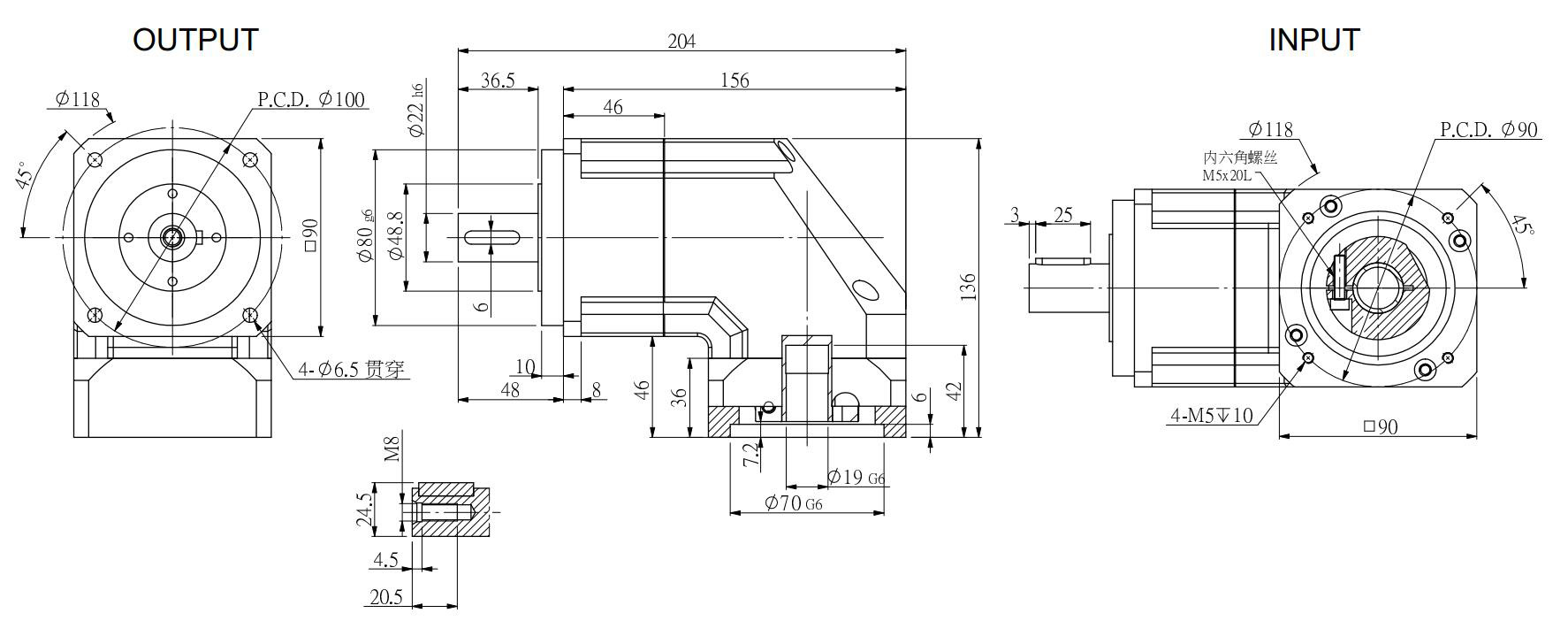 42x60x90x120 Right Angle 90 Degrees Planetary Reducer