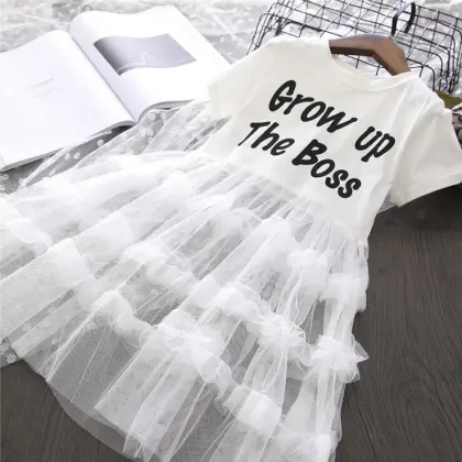 Short sleeve mesh stitching new style kids clothes girls dressesbig girls clothing