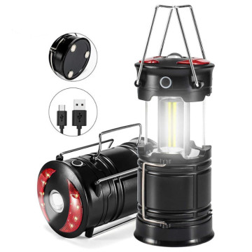 Collapsible USB Rechargeable COB LED Camping Lantern with Red Warning Light and Magnetic Handheld Flashlights: Spotlight Function Included
