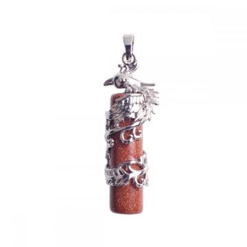 Dragon and Phoenix Pendant Column Pillar Pyrite Natural Gemstone Tribal Ethnic Carved Necklace - Stainless Steel Bail