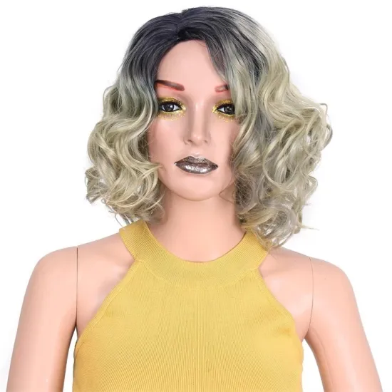 Vigorous Dropshipping Short Curly Wavy Wig Ombre Blonde Bob Part Side Synthetic Wigs For Women Heat Resistant Fiber