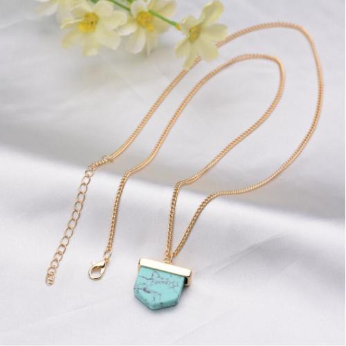 Turquoise Stone Pendant Long Gold Chain Necklace