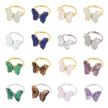 Natural Stone Butterfly Rings Gemstone Butterfly Shape Adjustable Ring Quartz Crystal Gemstone Ring for Women