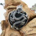 Black Obsidian Heart Antique Silver Dragon Gemstone Pendant (32x42mm) Keychain