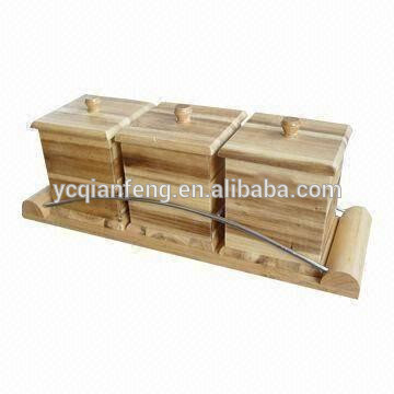 3-Pieces Acacia wood canister set + wood & metal wired holder.