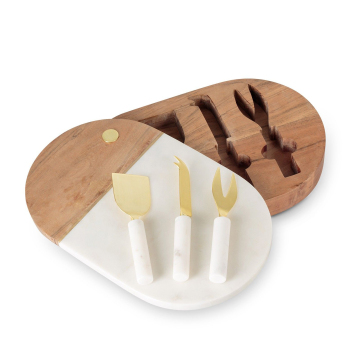 Marble Acacia Wood Cheese Board with Stainless Steel Knife Set