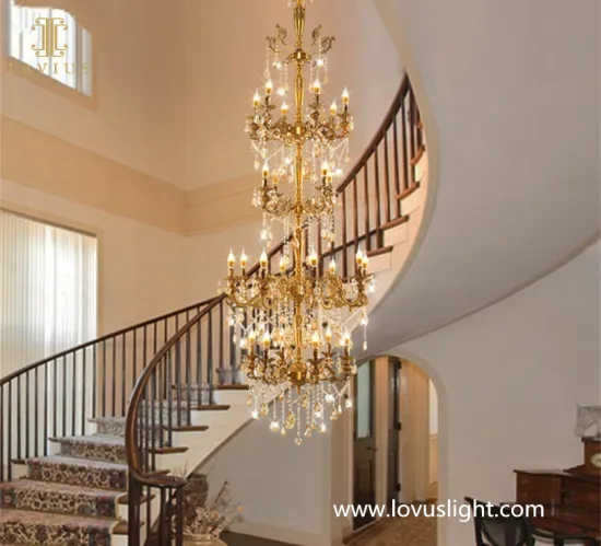 Multi-storey high luxury retro crystal chandelier golden yellow staircase chandelier hotel villa staircase chandelier
