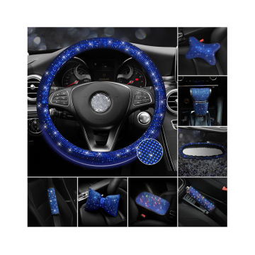 Custom Blue Diamond Bling Car Steering Wheel Cover & Shoulder Cover Set