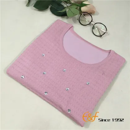 Cable-knit Low Round Collar Graceful Sweater with Crystal