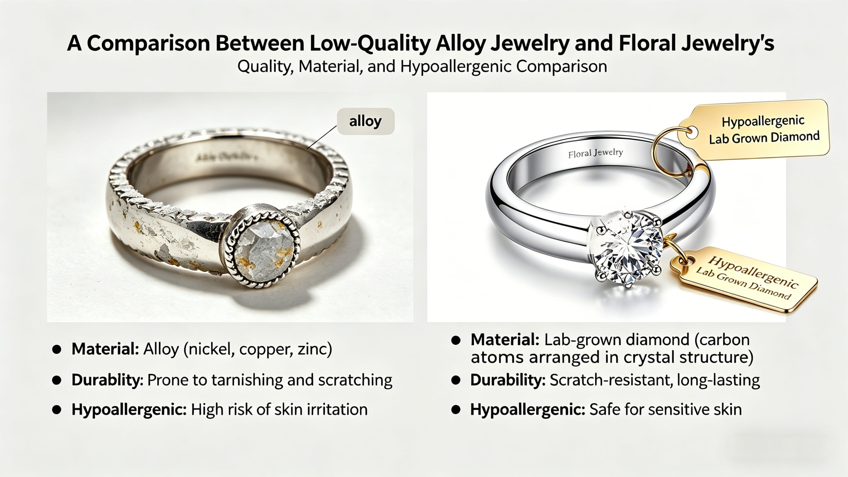 Paghahambing sa pagitan ng mababang kalidad na alahas na haluang metal at mataas na kalidad na hypoallergenic lab na pinatubo na brilyante na alahas mula sa Floral Jewelry