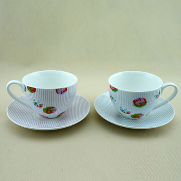 Set 2 Tea/Coffee Cup and Saucer Set for Promotions, in Printed Gift Box, with Small Rose